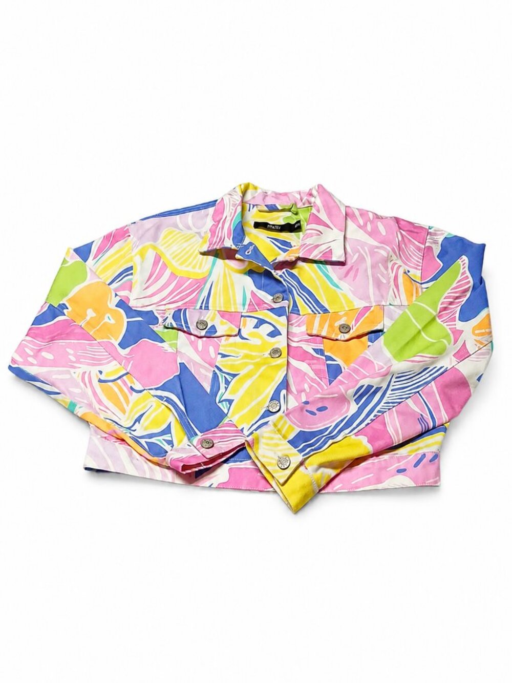 Jaded London Cropped Denim Trucker Jacket Multicolor Tropical Floral Print Sz L - Picture 2 of 16